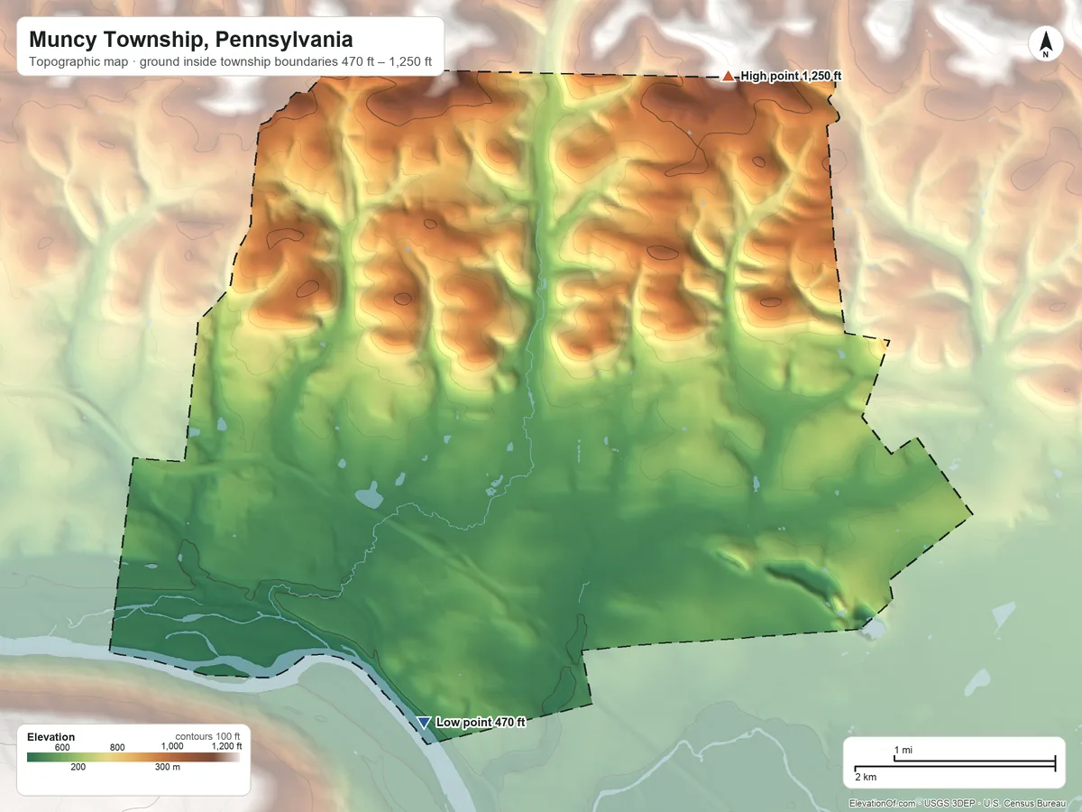 Topographic elevation map of Muncy Township, Pennsylvania, shaded from 470 ft on the southwest side to 1,250 ft on the northeast side