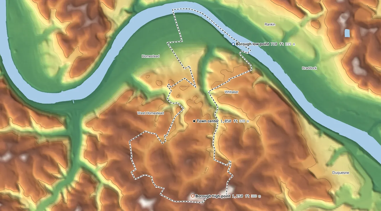 Topographic elevation map of Munhall, Pennsylvania, shaded from 710 ft on the northeast side to 1,250 ft on the south side