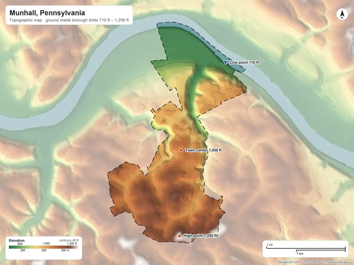 Topographic elevation map of Munhall, Pennsylvania, shaded from 710 ft on the northeast side to 1,250 ft on the south side
