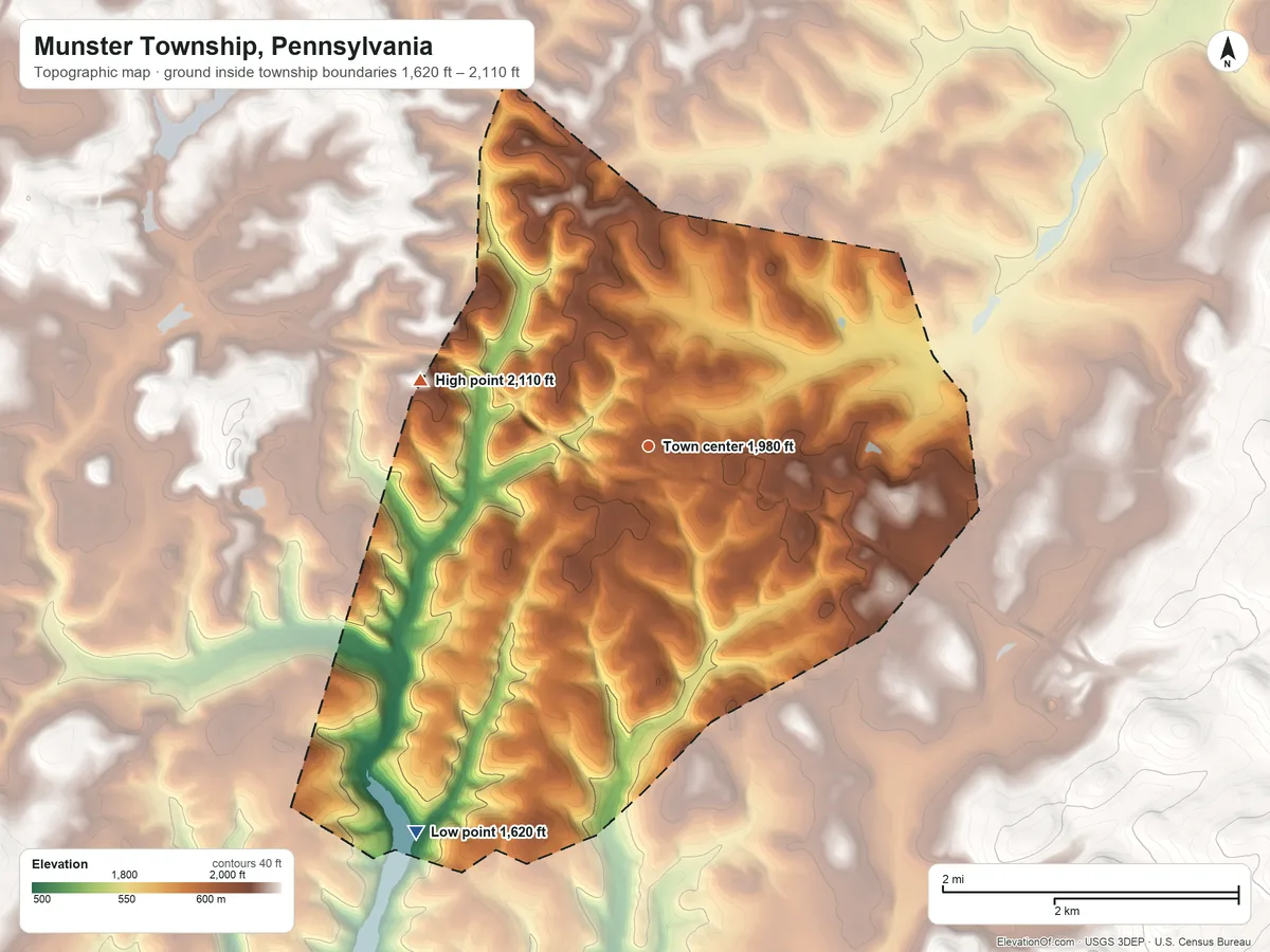 Topographic elevation map of Munster Township, Pennsylvania, shaded from 1,620 ft on the southwest side to 2,110 ft on the west side