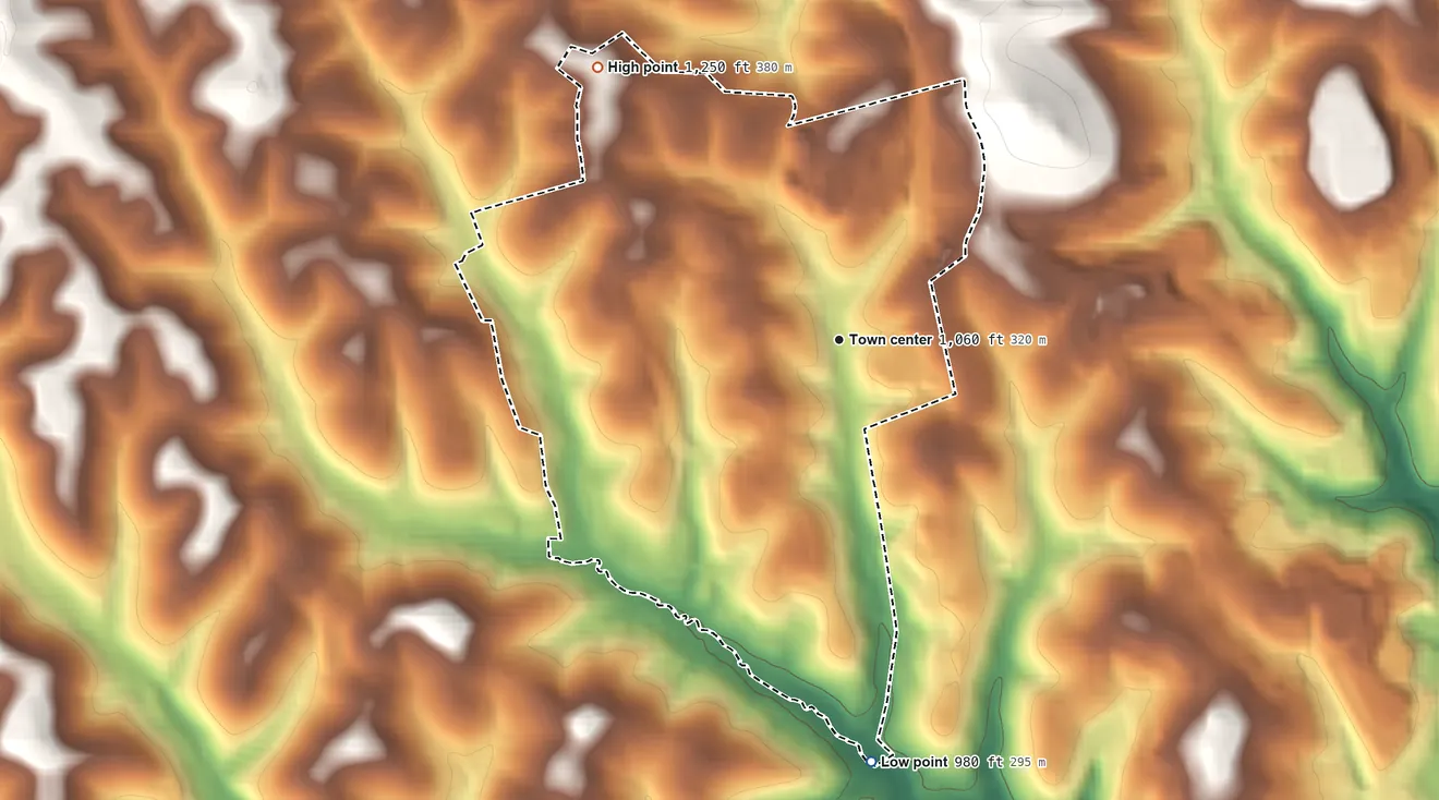 Topographic elevation map of Muse, Pennsylvania, shaded from 980 ft on the south side to 1,250 ft on the northwest side