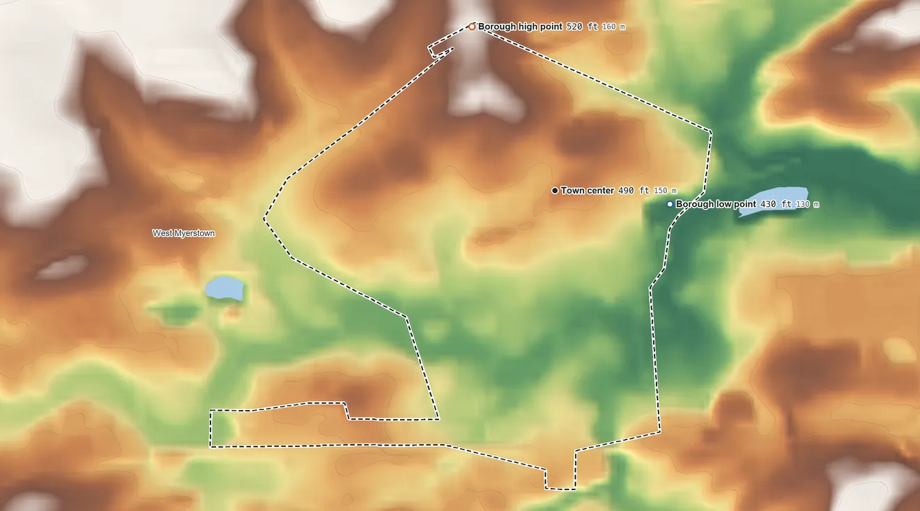 Topographic elevation map of Myerstown, Pennsylvania, shaded from 430 ft on the east side to 520 ft on the northwest side