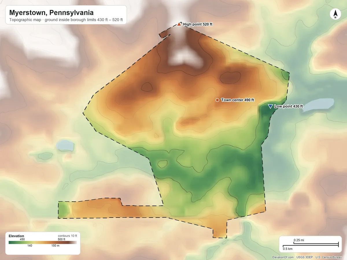 Topographic elevation map of Myerstown, Pennsylvania, shaded from 430 ft on the east side to 520 ft on the northwest side