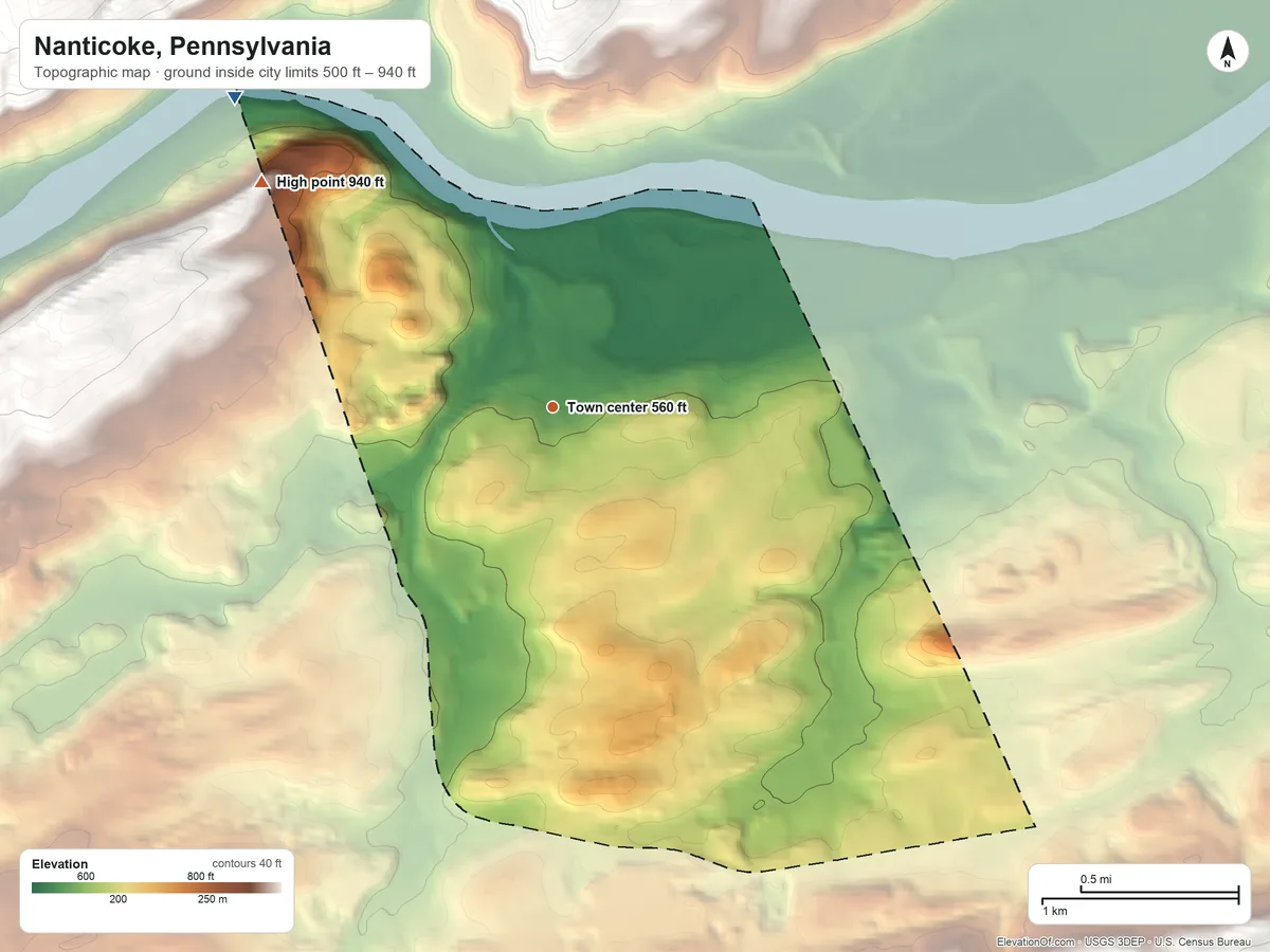 Topographic elevation map of Nanticoke, Pennsylvania, shaded from 500 ft on the northwest side to 940 ft on the northwest edge, below higher ground just outside