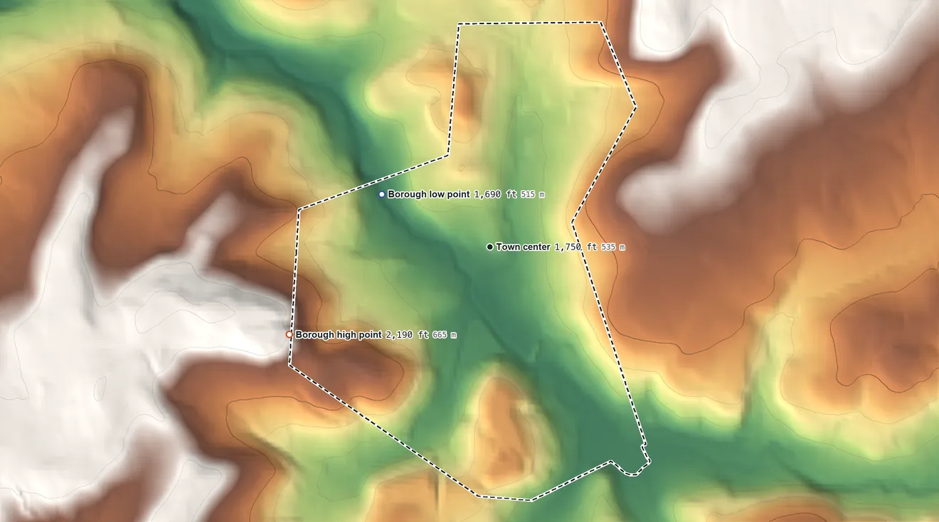 Topographic elevation map of Nanty-Glo, Pennsylvania, shaded from 1,690 ft on the northwest side to 2,190 ft on the southwest side