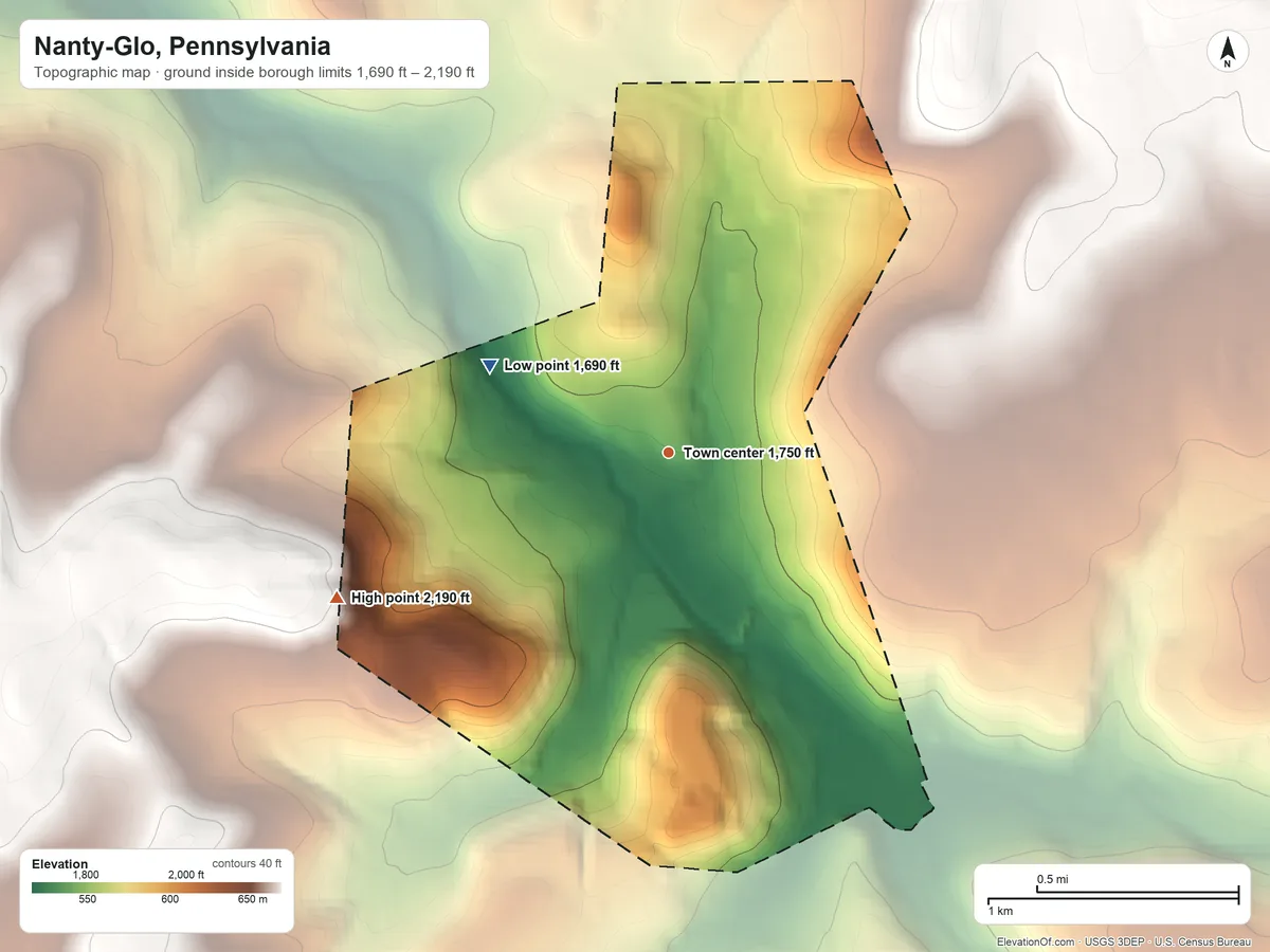 Topographic elevation map of Nanty-Glo, Pennsylvania, shaded from 1,690 ft on the northwest side to 2,190 ft on the southwest side