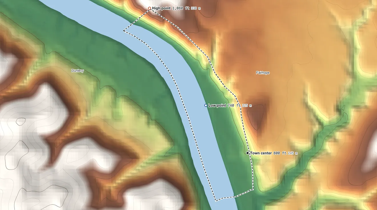 Topographic elevation map of Naomi, Pennsylvania, shaded from 740 ft on the northwest side to 1,080 ft on the northwest side
