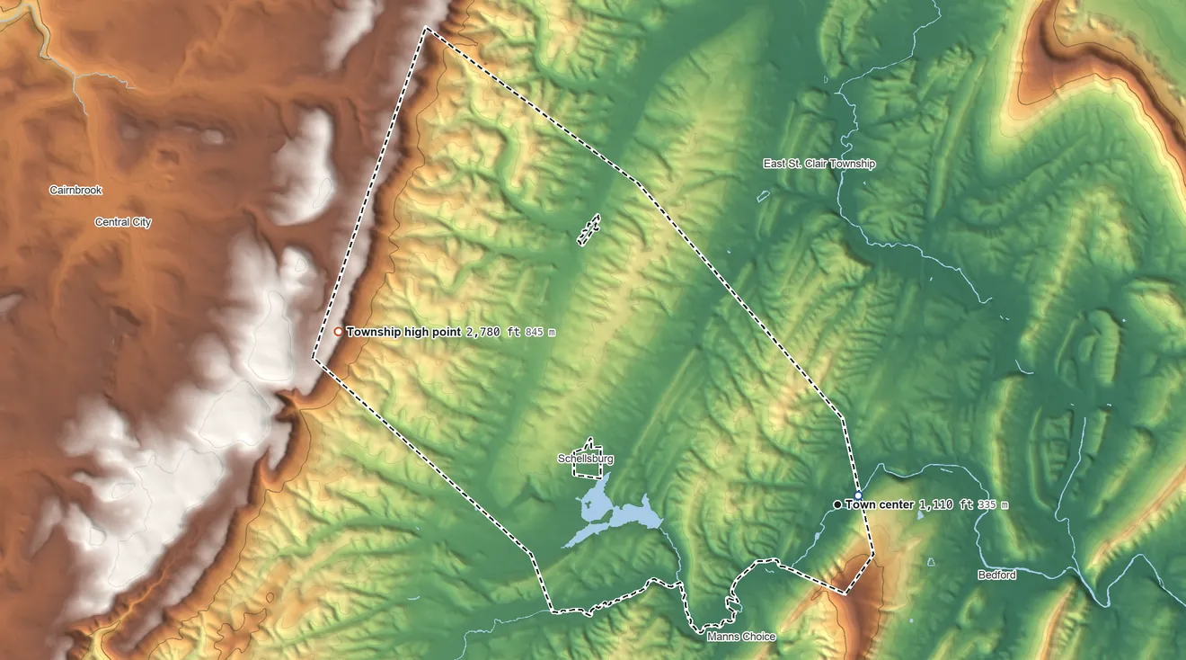 Topographic elevation map of Napier Township, Pennsylvania, shaded from 1,090 ft near the middle to 2,780 ft on the west side