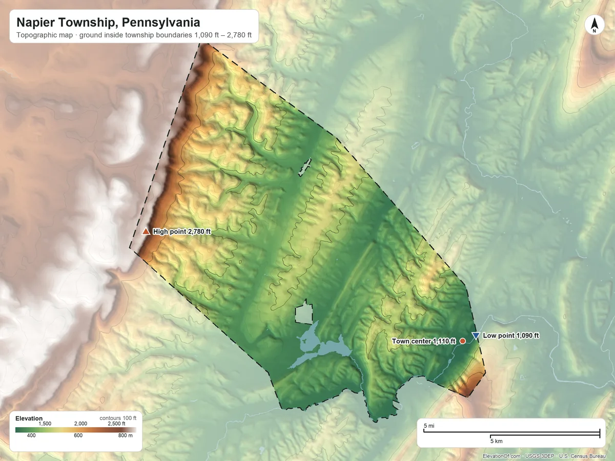 Topographic elevation map of Napier Township, Pennsylvania, shaded from 1,090 ft near the middle to 2,780 ft on the west side