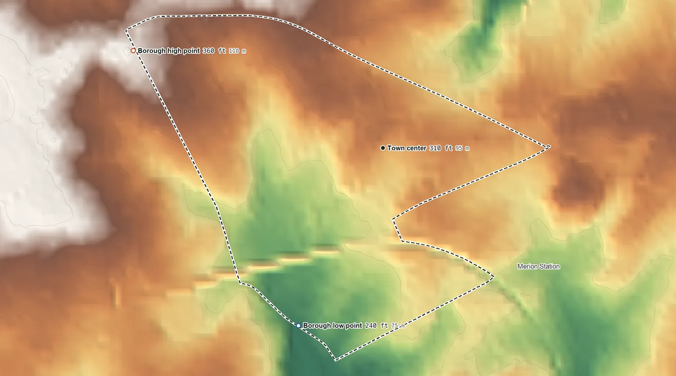 Topographic elevation map of Narberth, Pennsylvania, shaded from 240 ft on the southwest side to 360 ft on the west side