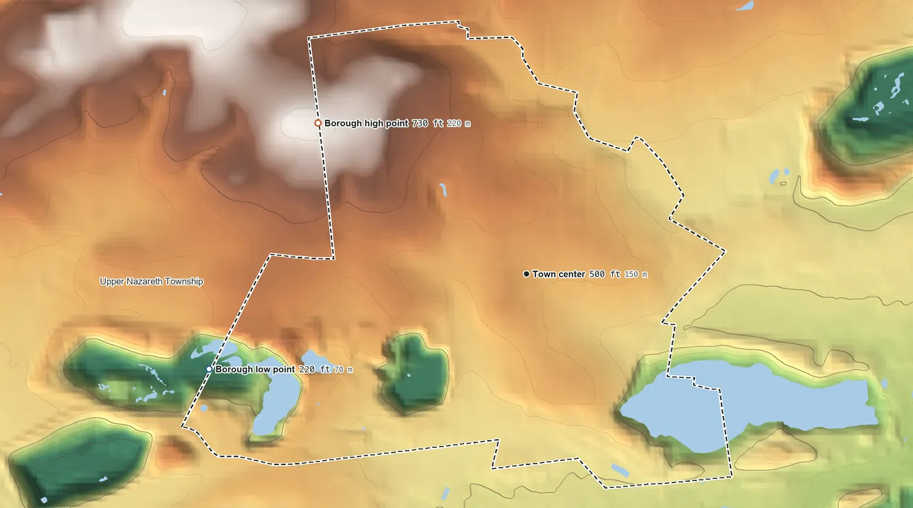 Topographic elevation map of Nazareth, Pennsylvania, shaded from 220 ft on the west side to 730 ft on the northwest side