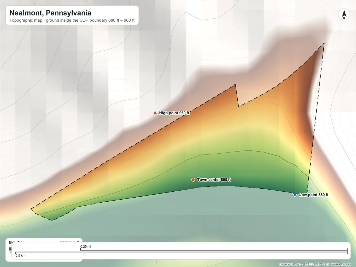 Topographic elevation map of Nealmont, Pennsylvania, shaded from 880 ft on the east side to 960 ft on the northwest edge, below higher ground just outside