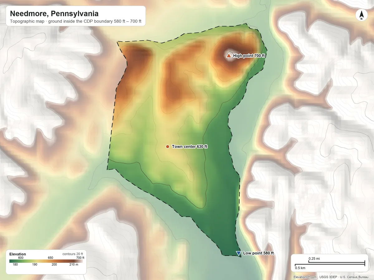 Topographic elevation map of Needmore, Pennsylvania, shaded from 580 ft on the southeast side to 700 ft on the northeast side