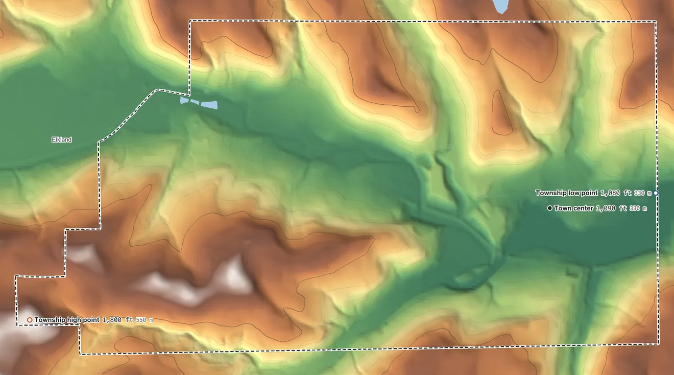 Topographic elevation map of Nelson Township, Pennsylvania, shaded from 1,080 ft on the east side to 1,800 ft on the west side