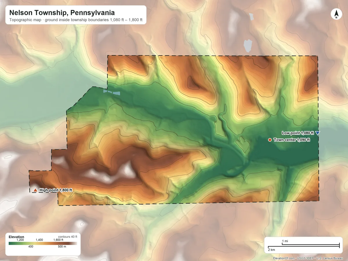 Topographic elevation map of Nelson Township, Pennsylvania, shaded from 1,080 ft on the east side to 1,800 ft on the west side