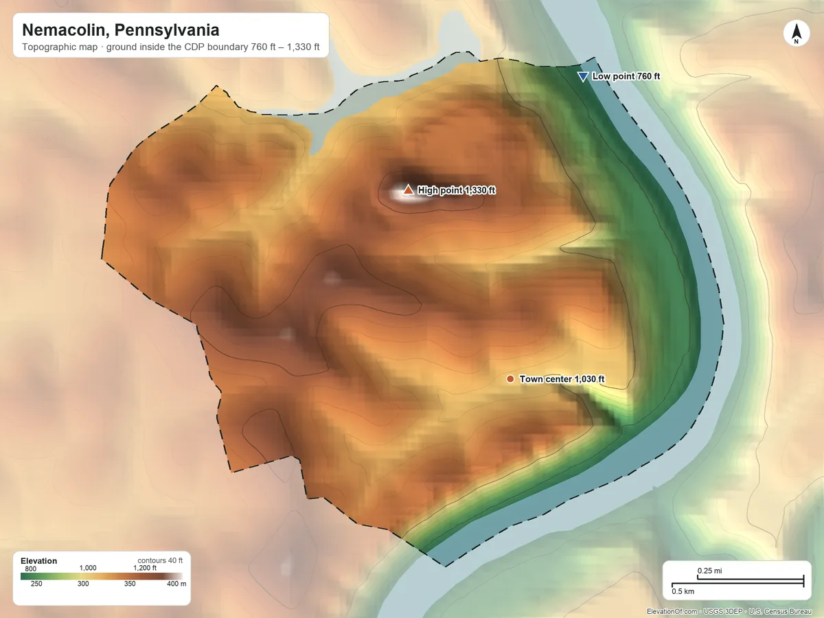 Topographic elevation map of Nemacolin, Pennsylvania, shaded from 760 ft on the north side to 1,330 ft on the northwest side