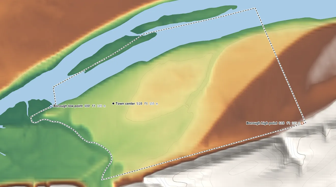 Topographic elevation map of Nescopeck, Pennsylvania, shaded from 480 ft on the west side to 610 ft on the east edge, below higher ground just outside