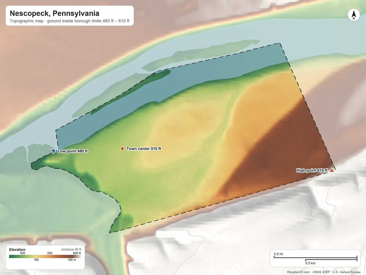 Topographic elevation map of Nescopeck, Pennsylvania, shaded from 480 ft on the west side to 610 ft on the east edge, below higher ground just outside