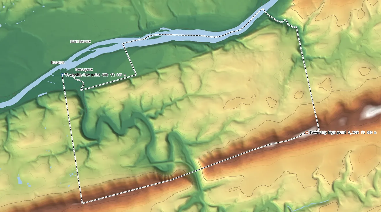Topographic elevation map of Nescopeck Township, Pennsylvania, shaded from 480 ft on the west side to 1,760 ft on the east side