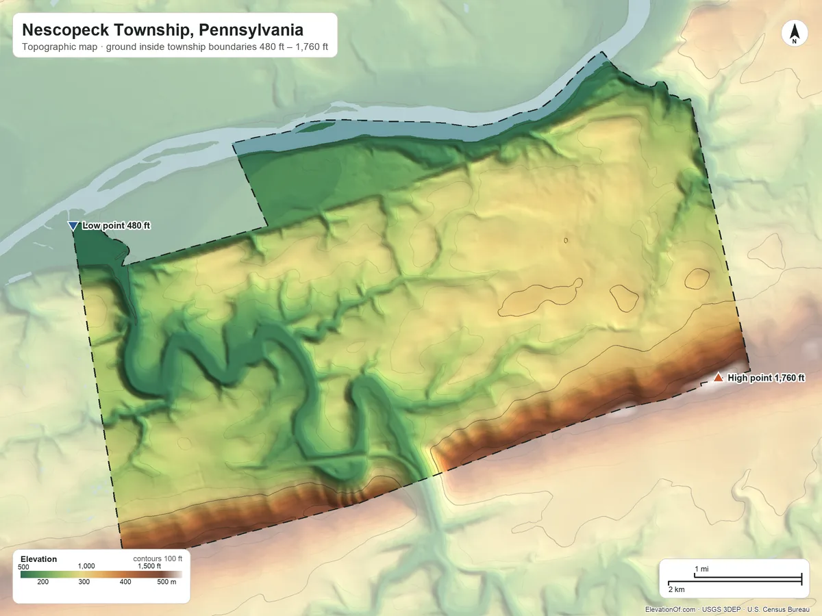 Topographic elevation map of Nescopeck Township, Pennsylvania, shaded from 480 ft on the west side to 1,760 ft on the east side
