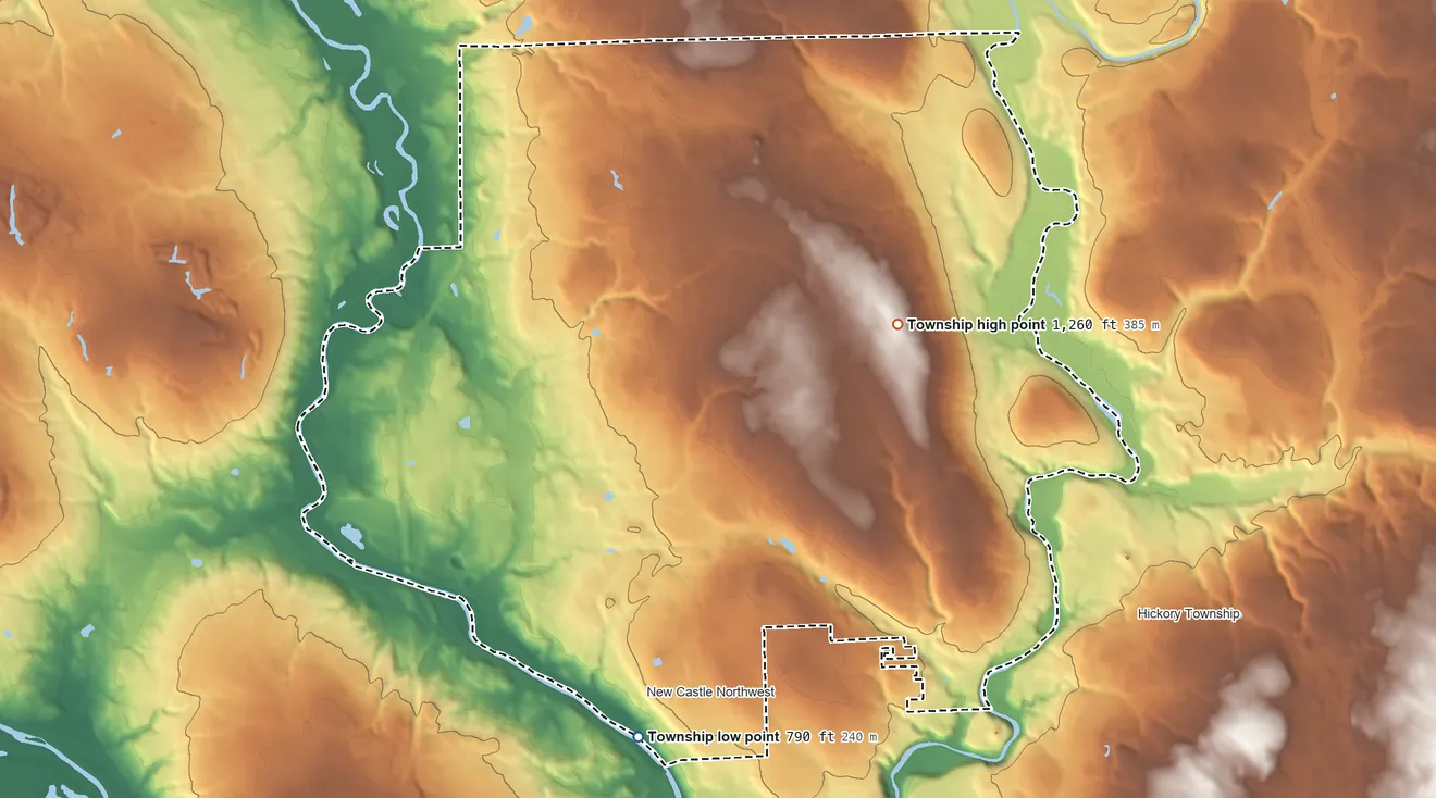 Topographic elevation map of Neshannock Township, Pennsylvania, shaded from 790 ft on the south side to 1,260 ft on the northeast side