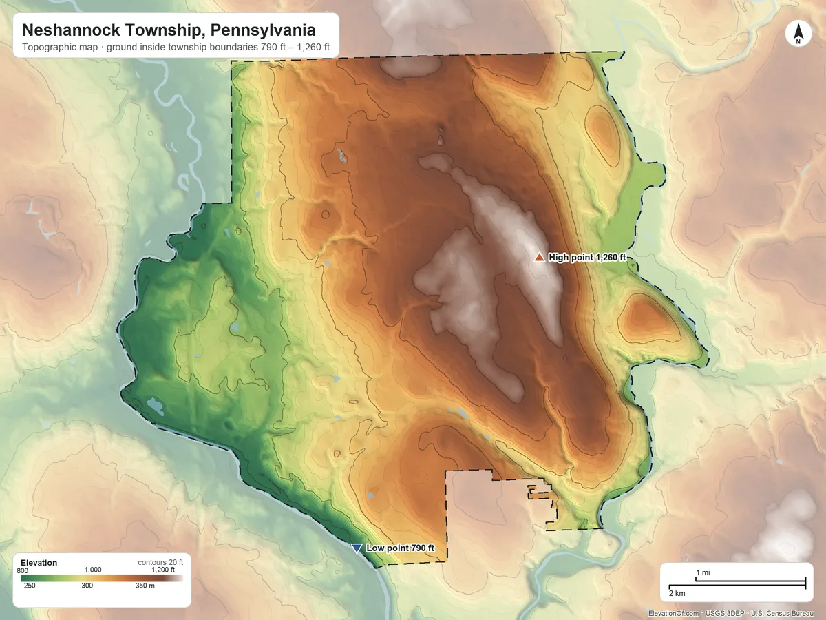 Topographic elevation map of Neshannock Township, Pennsylvania, shaded from 790 ft on the south side to 1,260 ft on the northeast side