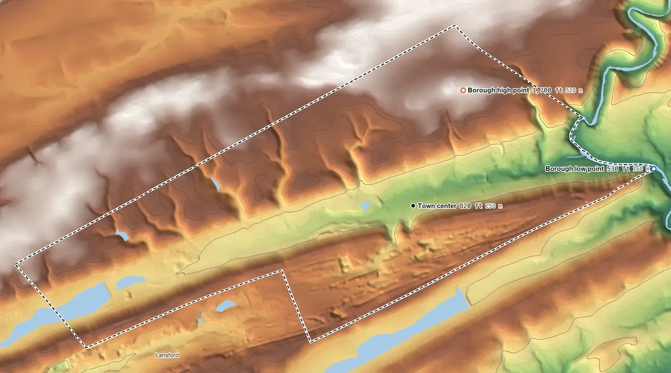 Topographic elevation map of Nesquehoning, Pennsylvania, shaded from 530 ft on the east side to 1,700 ft on the northeast side