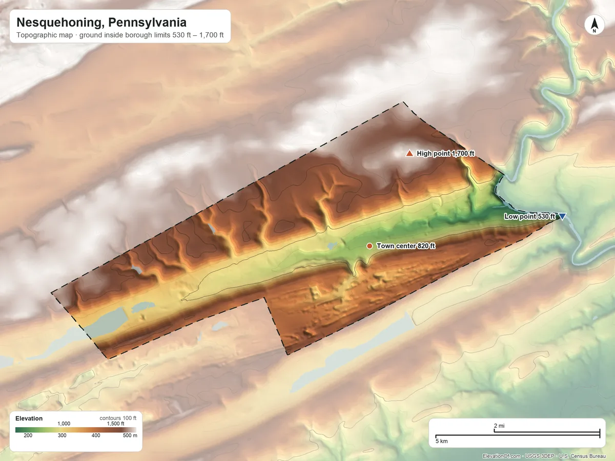Topographic elevation map of Nesquehoning, Pennsylvania, shaded from 530 ft on the east side to 1,700 ft on the northeast side