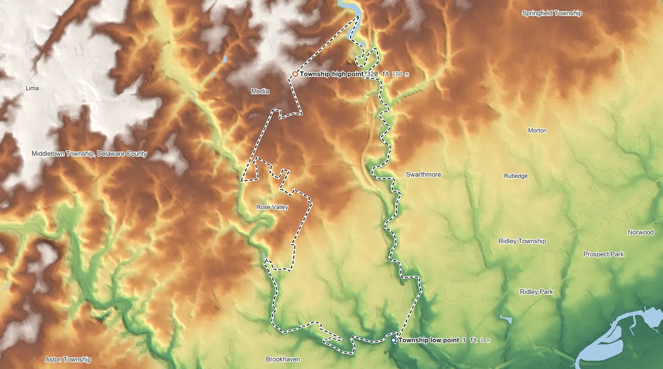 Topographic elevation map of Nether Providence Township, Pennsylvania, shaded from 3 ft on the southeast side to 320 ft on the north side