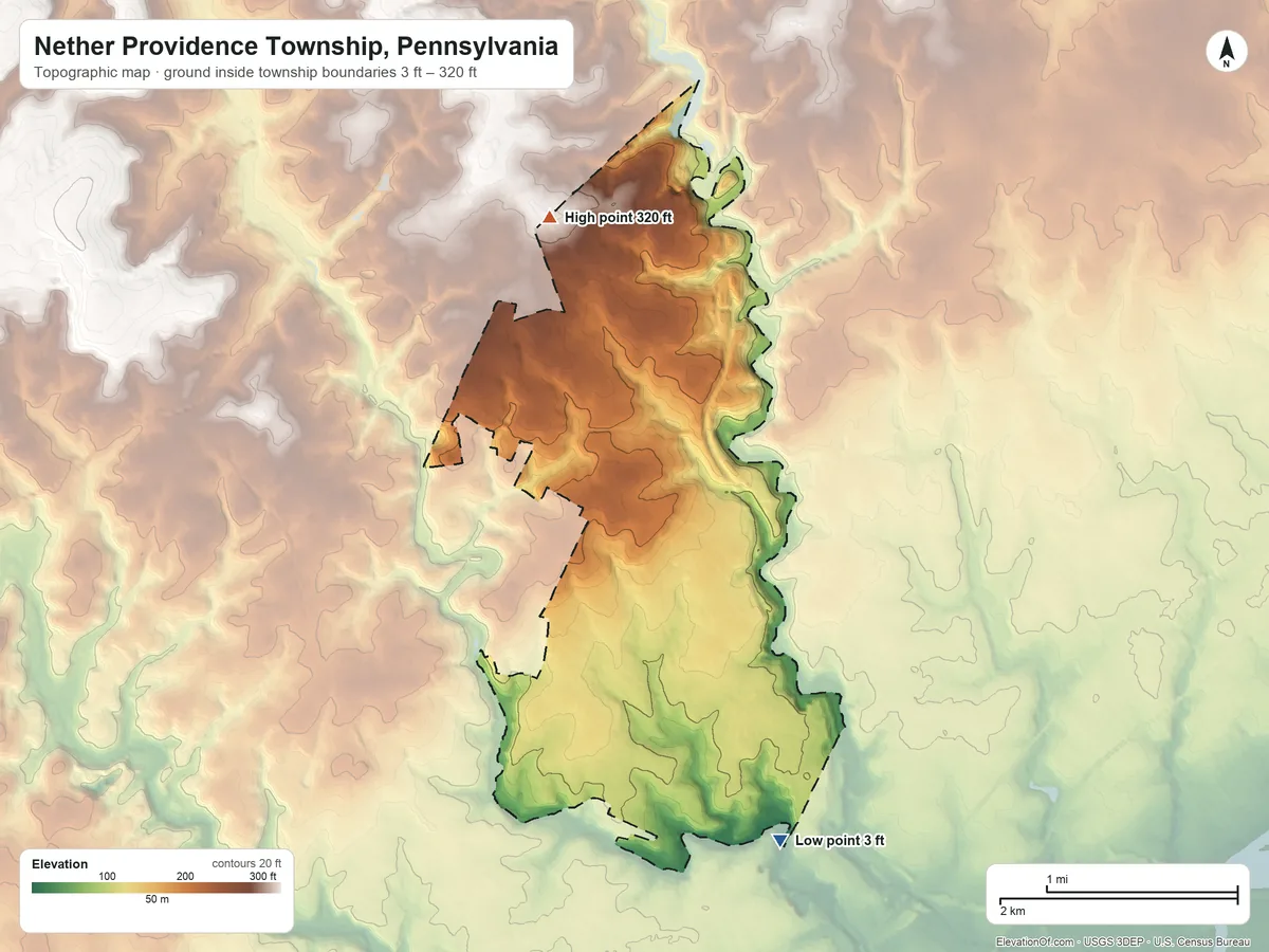 Topographic elevation map of Nether Providence Township, Pennsylvania, shaded from 3 ft on the southeast side to 320 ft on the north side