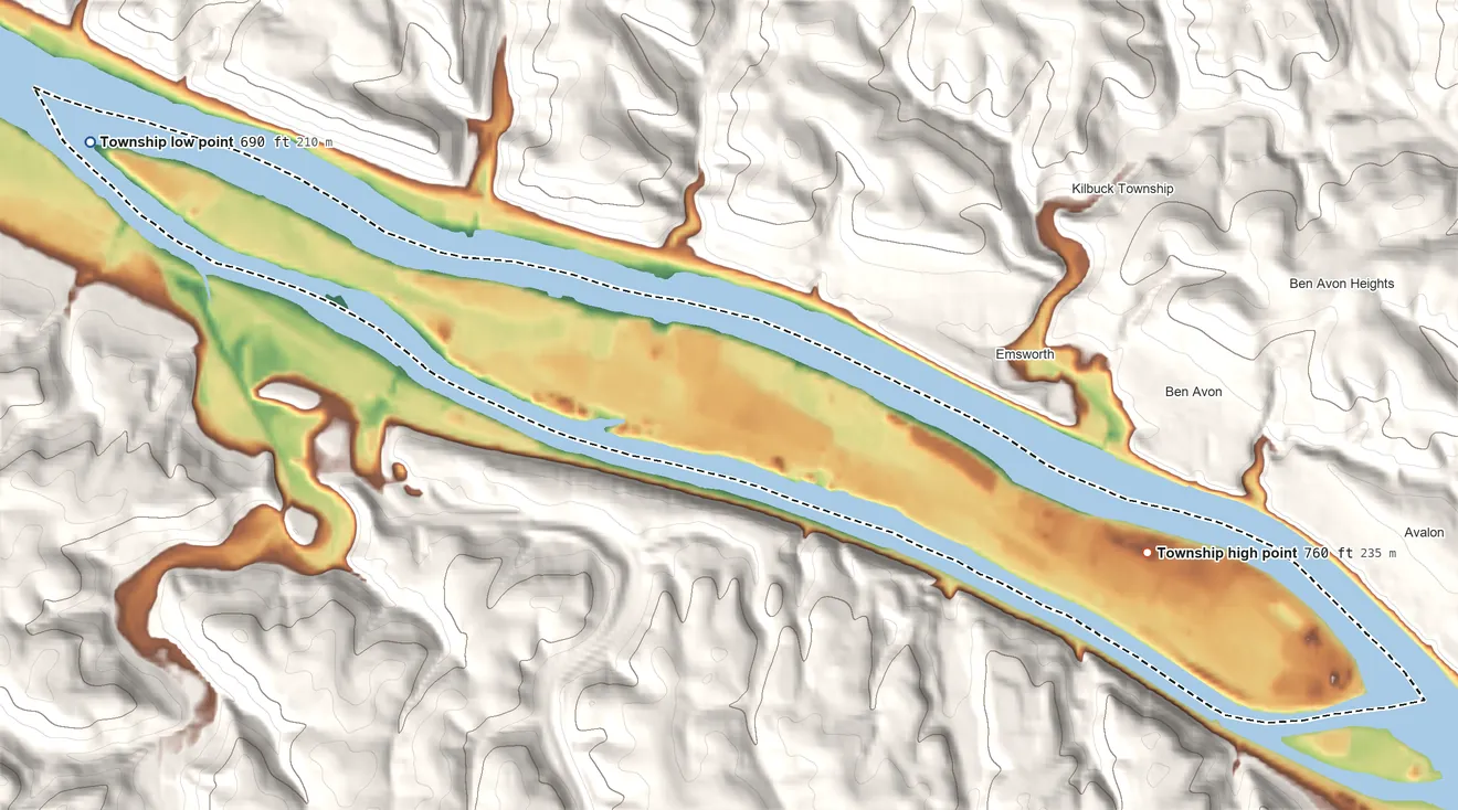 Topographic elevation map of Neville Township, Pennsylvania, shaded from 690 ft on the northwest side to 760 ft on the east edge, below higher ground just outside