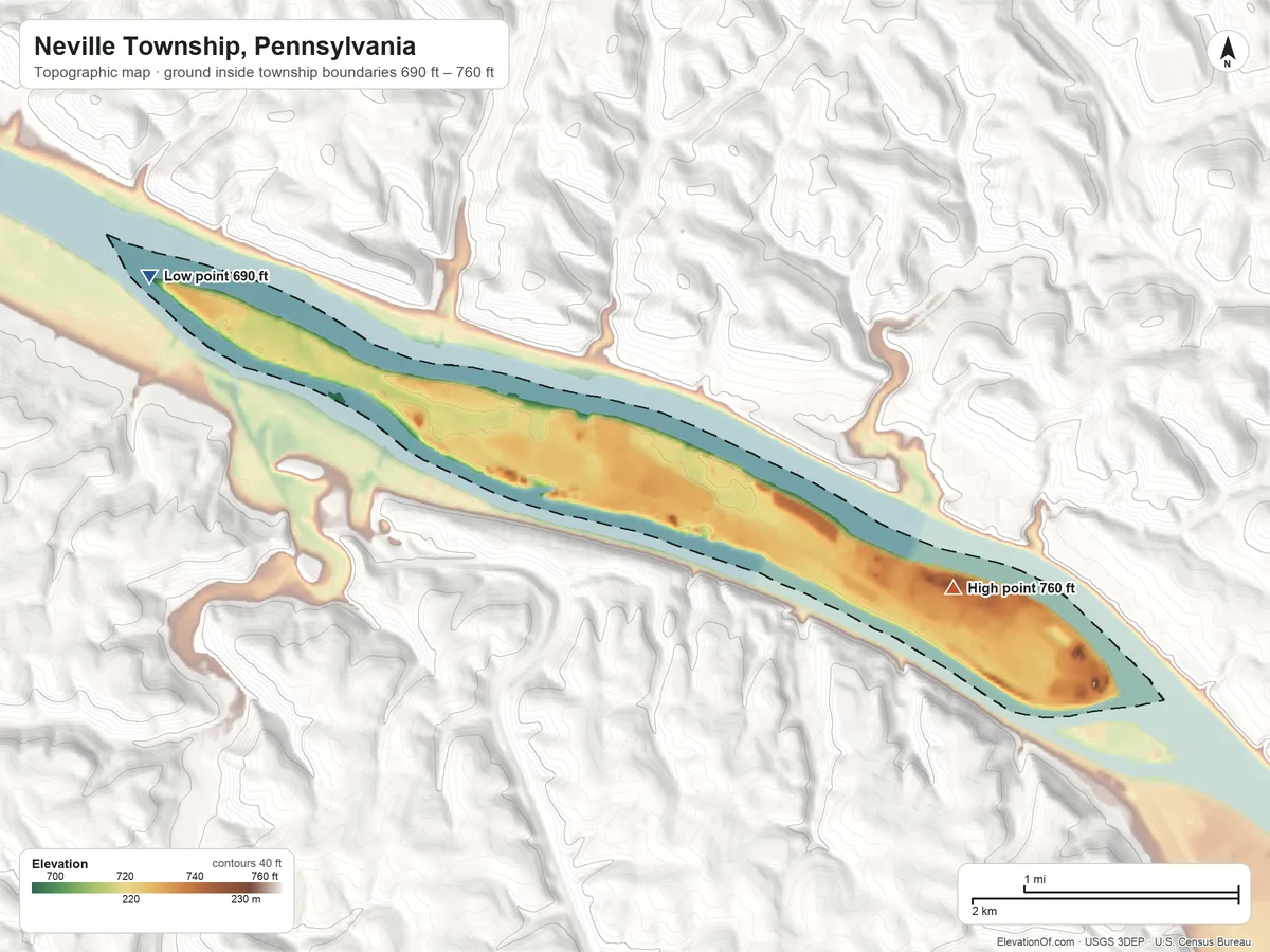 Topographic elevation map of Neville Township, Pennsylvania, shaded from 690 ft on the northwest side to 760 ft on the east edge, below higher ground just outside