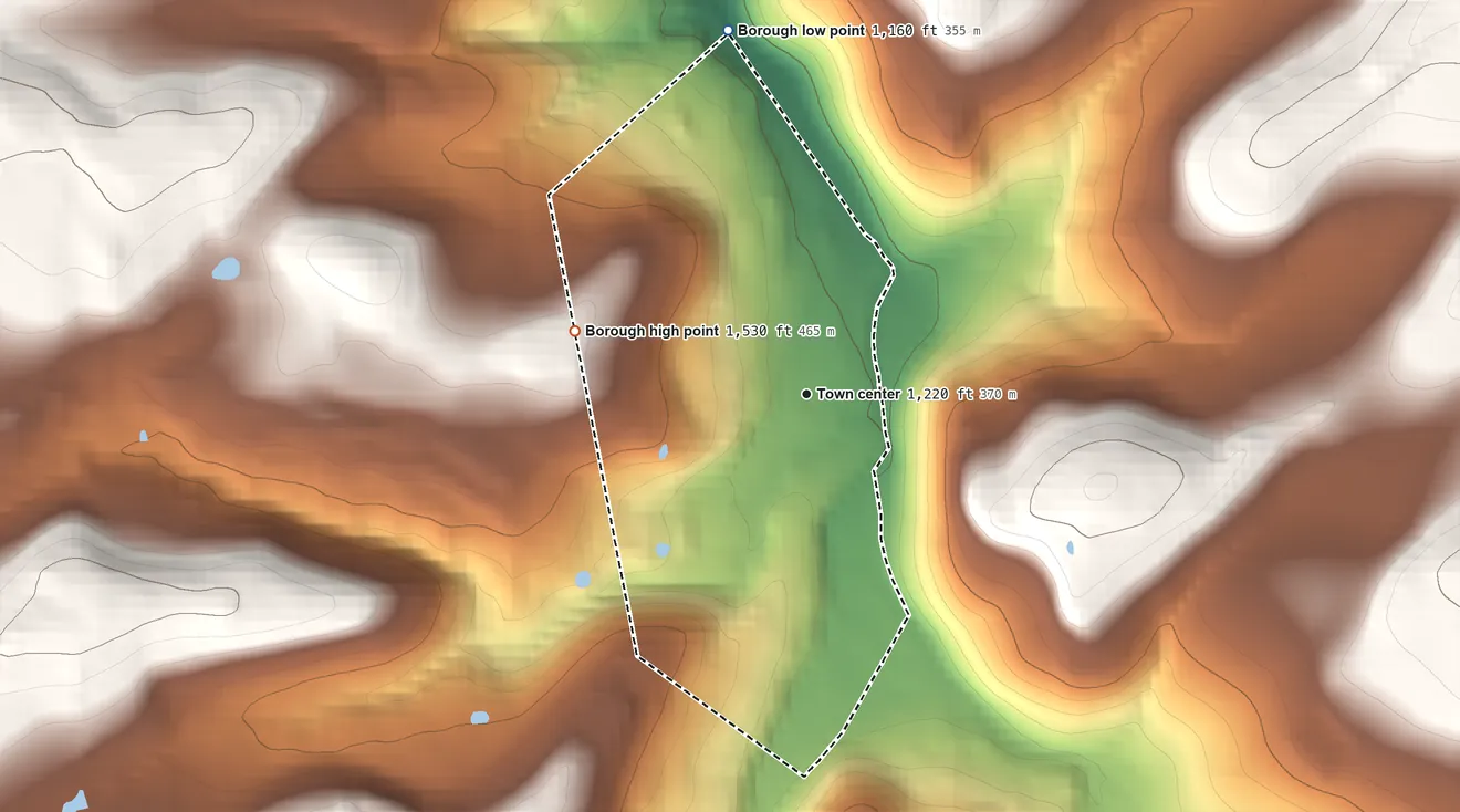 Topographic elevation map of New Albany, Pennsylvania, shaded from 1,160 ft on the north side to 1,530 ft on the west edge, below higher ground just outside