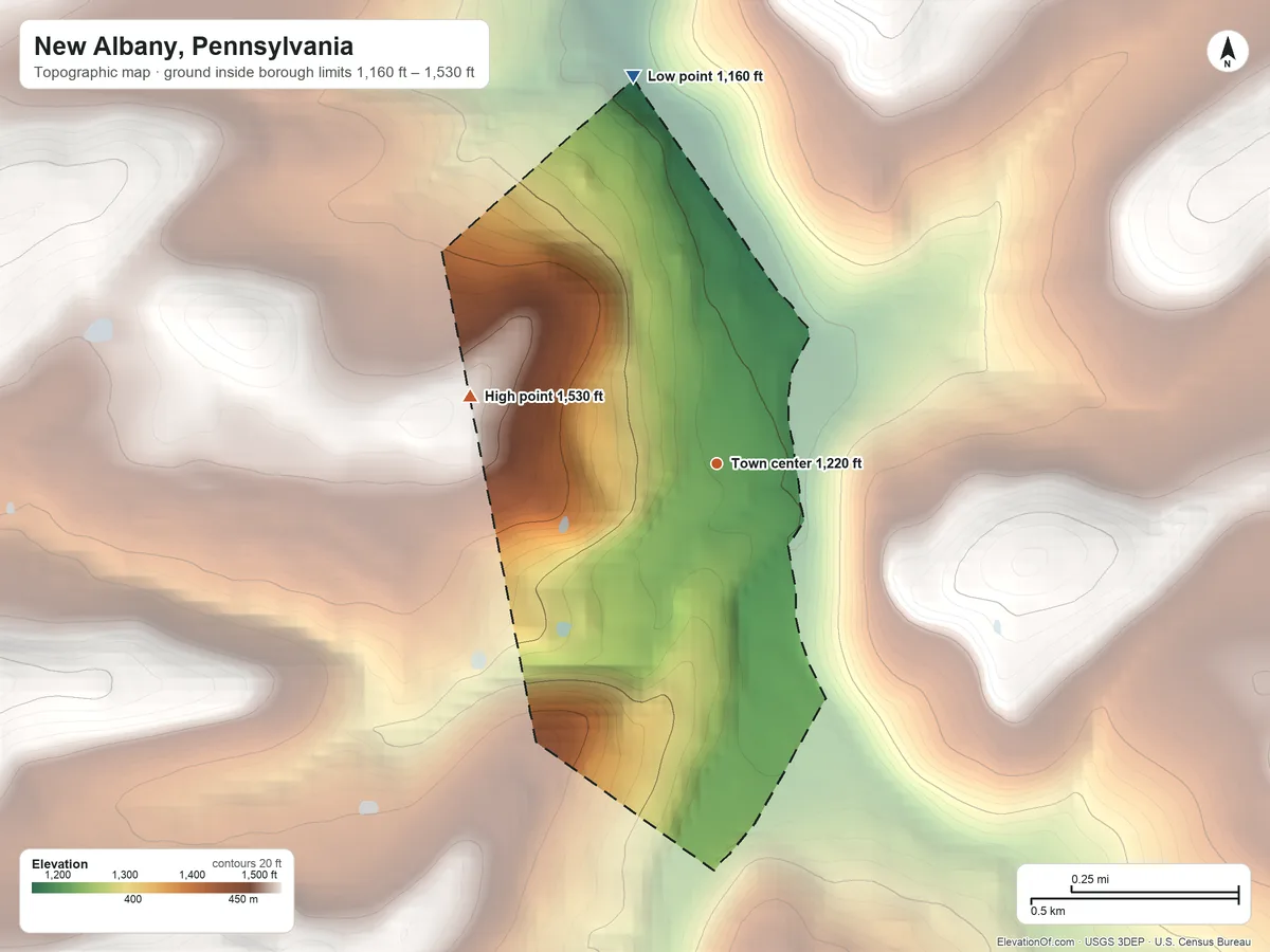 Topographic elevation map of New Albany, Pennsylvania, shaded from 1,160 ft on the north side to 1,530 ft on the west edge, below higher ground just outside