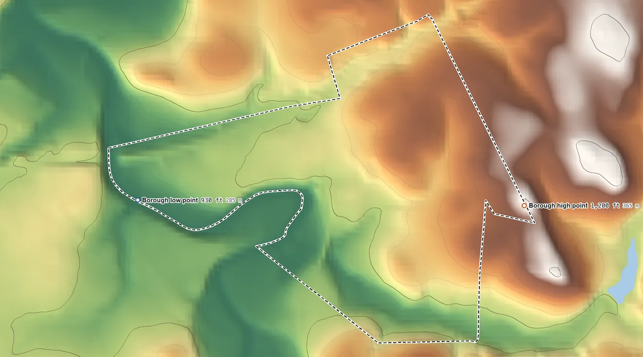 Topographic elevation map of New Alexandria, Pennsylvania, shaded from 930 ft on the west side to 1,200 ft on the east side