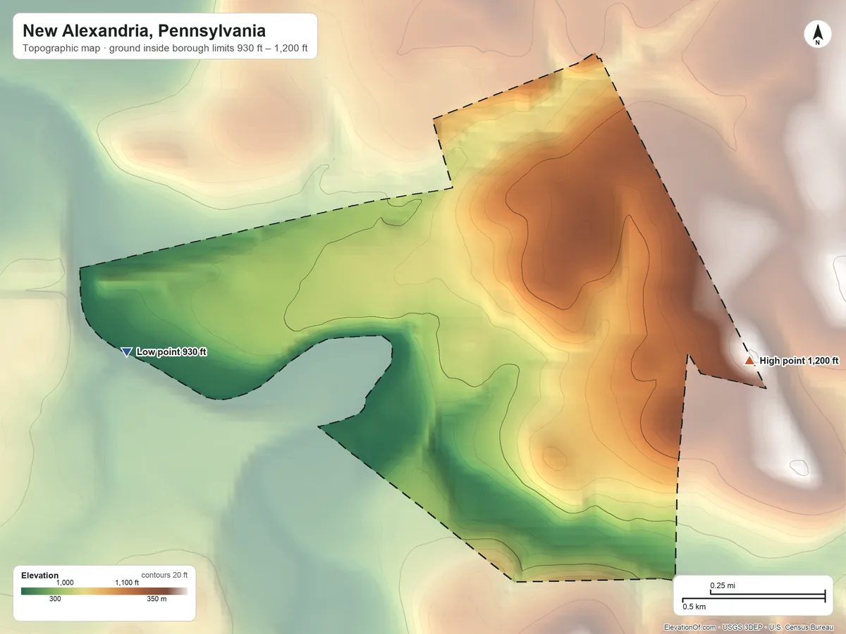 Topographic elevation map of New Alexandria, Pennsylvania, shaded from 930 ft on the west side to 1,200 ft on the east side