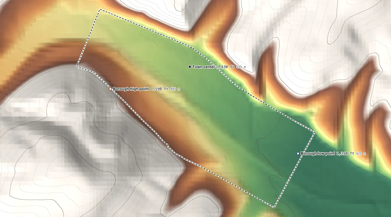Topographic elevation map of New Baltimore, Pennsylvania, shaded from 1,390 ft on the southeast side to 1,590 ft on the west edge, below higher ground just outside
