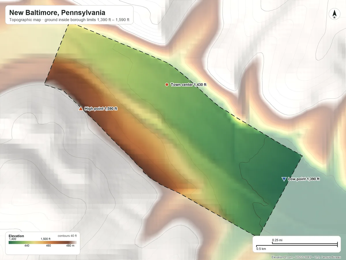 Topographic elevation map of New Baltimore, Pennsylvania, shaded from 1,390 ft on the southeast side to 1,590 ft on the west edge, below higher ground just outside