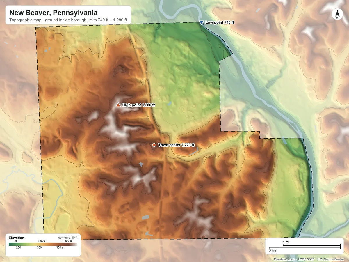 Topographic elevation map of New Beaver, Pennsylvania, shaded from 740 ft on the north side to 1,280 ft on the northwest side