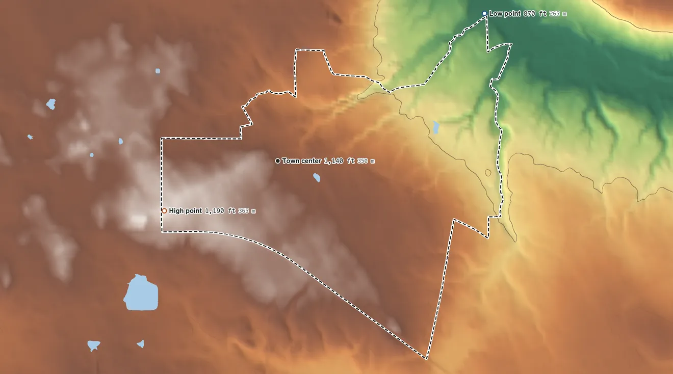 Topographic elevation map of New Bedford, Pennsylvania, shaded from 870 ft on the northeast side to 1,190 ft on the southwest side