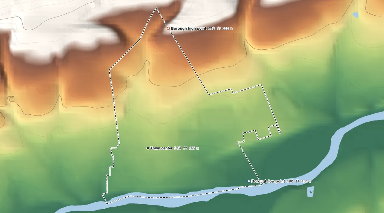Topographic elevation map of New Berlin, Pennsylvania, shaded from 490 ft on the east side to 740 ft on the north edge, below higher ground just outside