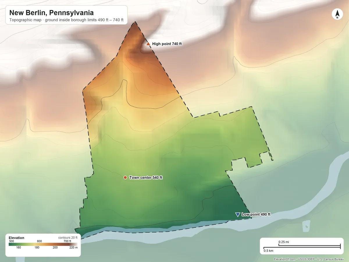 Topographic elevation map of New Berlin, Pennsylvania, shaded from 490 ft on the east side to 740 ft on the north edge, below higher ground just outside