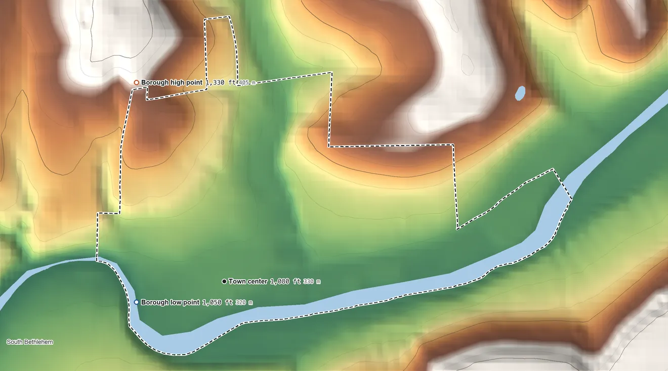 Topographic elevation map of New Bethlehem, Pennsylvania, shaded from 1,050 ft on the west side to 1,330 ft on the northwest edge, below higher ground just outside
