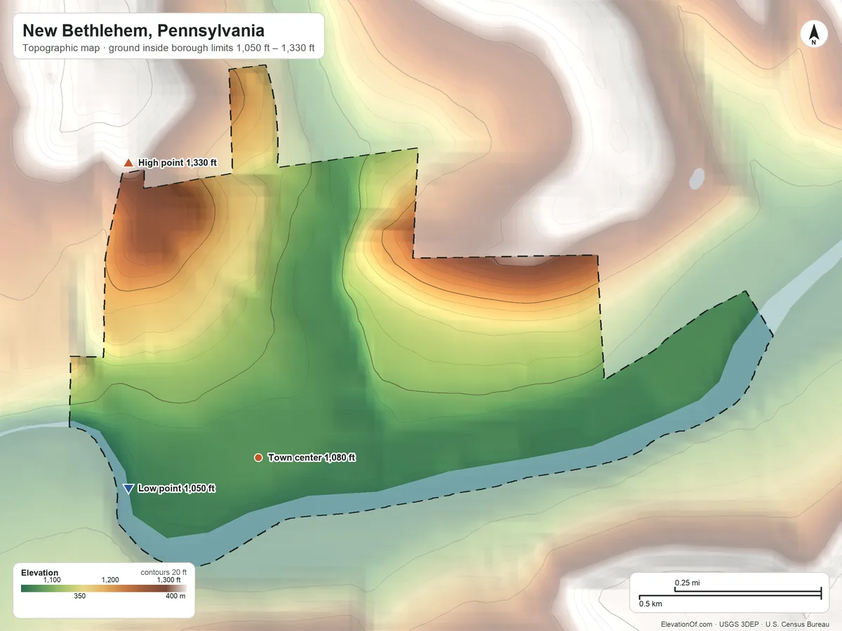 Topographic elevation map of New Bethlehem, Pennsylvania, shaded from 1,050 ft on the west side to 1,330 ft on the northwest edge, below higher ground just outside