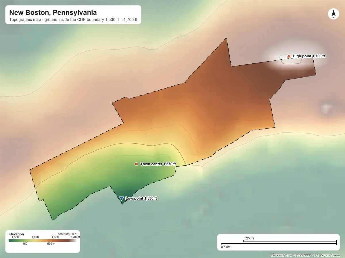 Topographic elevation map of New Boston, Pennsylvania, shaded from 1,530 ft on the southwest side to 1,700 ft on the northeast side