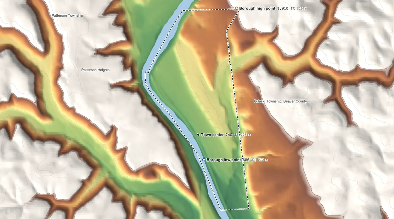 Topographic elevation map of New Brighton, Pennsylvania, shaded from 680 ft on the south side to 1,010 ft on the north side
