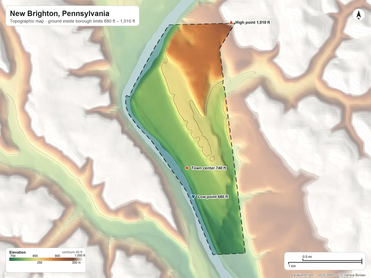 Topographic elevation map of New Brighton, Pennsylvania, shaded from 680 ft on the south side to 1,010 ft on the north side