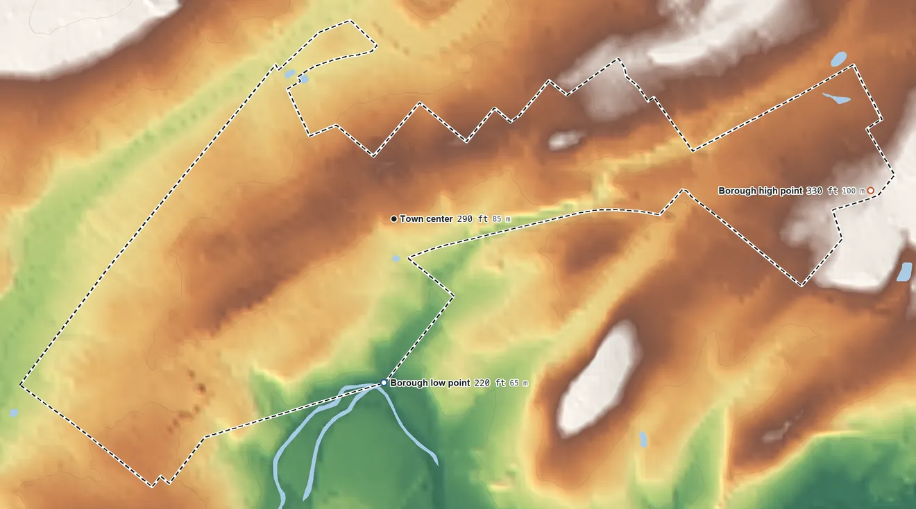 Topographic elevation map of New Britain, Pennsylvania, shaded from 220 ft on the south side to 330 ft on the east side