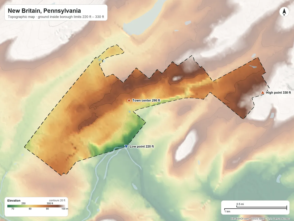 Topographic elevation map of New Britain, Pennsylvania, shaded from 220 ft on the south side to 330 ft on the east side