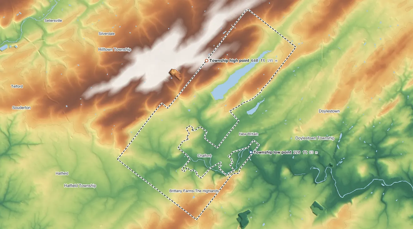 Topographic elevation map of New Britain Township, Pennsylvania, shaded from 220 ft on the east side to 640 ft on the north side